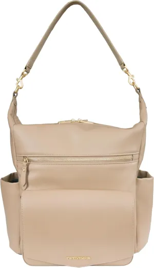 TWELVElittle Peek A Boo Convertible Hobo Diaperbag Backpack with Changing Pad, Wipes Case and Stroller Clips, Vegan Leather (Taupe)
