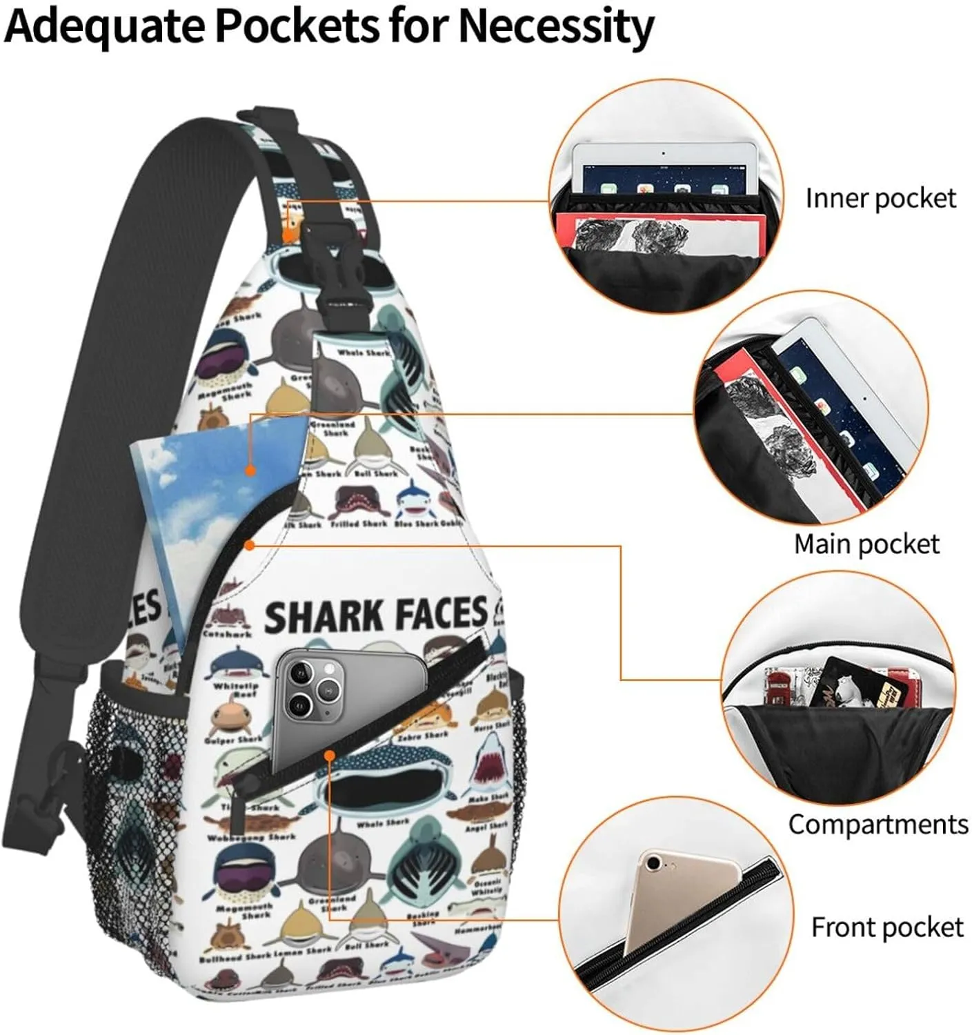 Types Of Shark Identification Shark Faces Chest Sling Bag Crossbody Shoulder Backpack Bag Gym Cycling Travel Hiking Daypack Cross Bag