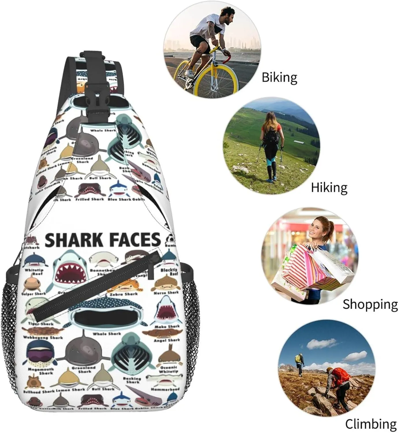 Types Of Shark Identification Shark Faces Chest Sling Bag Crossbody Shoulder Backpack Bag Gym Cycling Travel Hiking Daypack Cross Bag