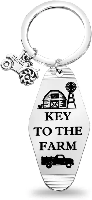 Unique Vintage Motel Keychain w/ Farmer Gift Tractor Charm, Farm Windmill, Key To The Farm