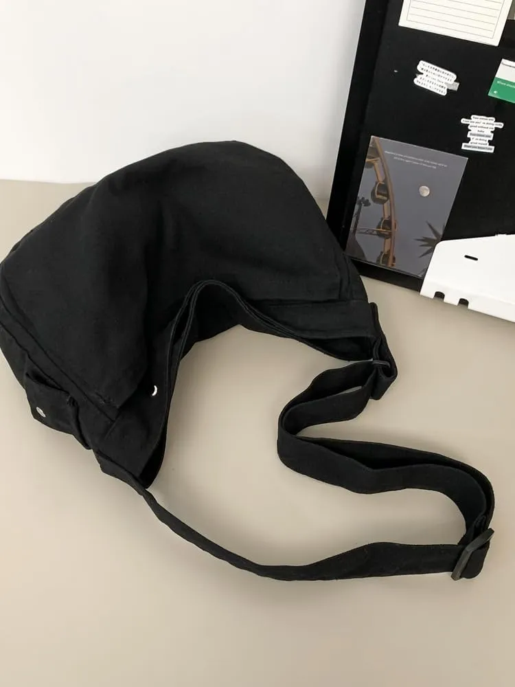 Unisex Canvas Hobo Bag, Adjustable Shoulder Strap, Multiple Pockets, Gray (Black)