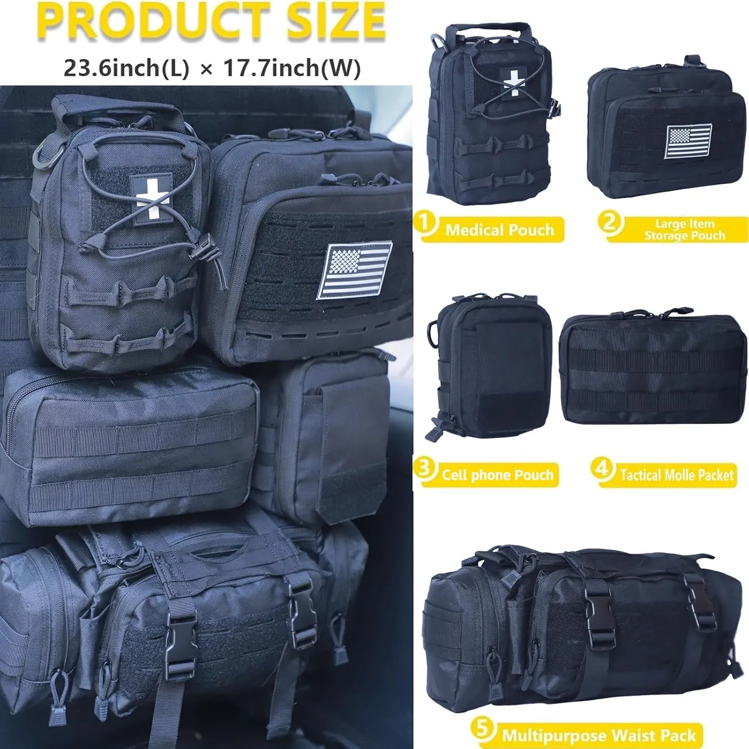 Universal Tactical Car Seat Back Organizer Bag Tactical Molle Vehicle Organizers Panel Vehicle Protector Organizers with 5 Detachable Pouches for Car Truck Ford Jeep (Model C-Black)