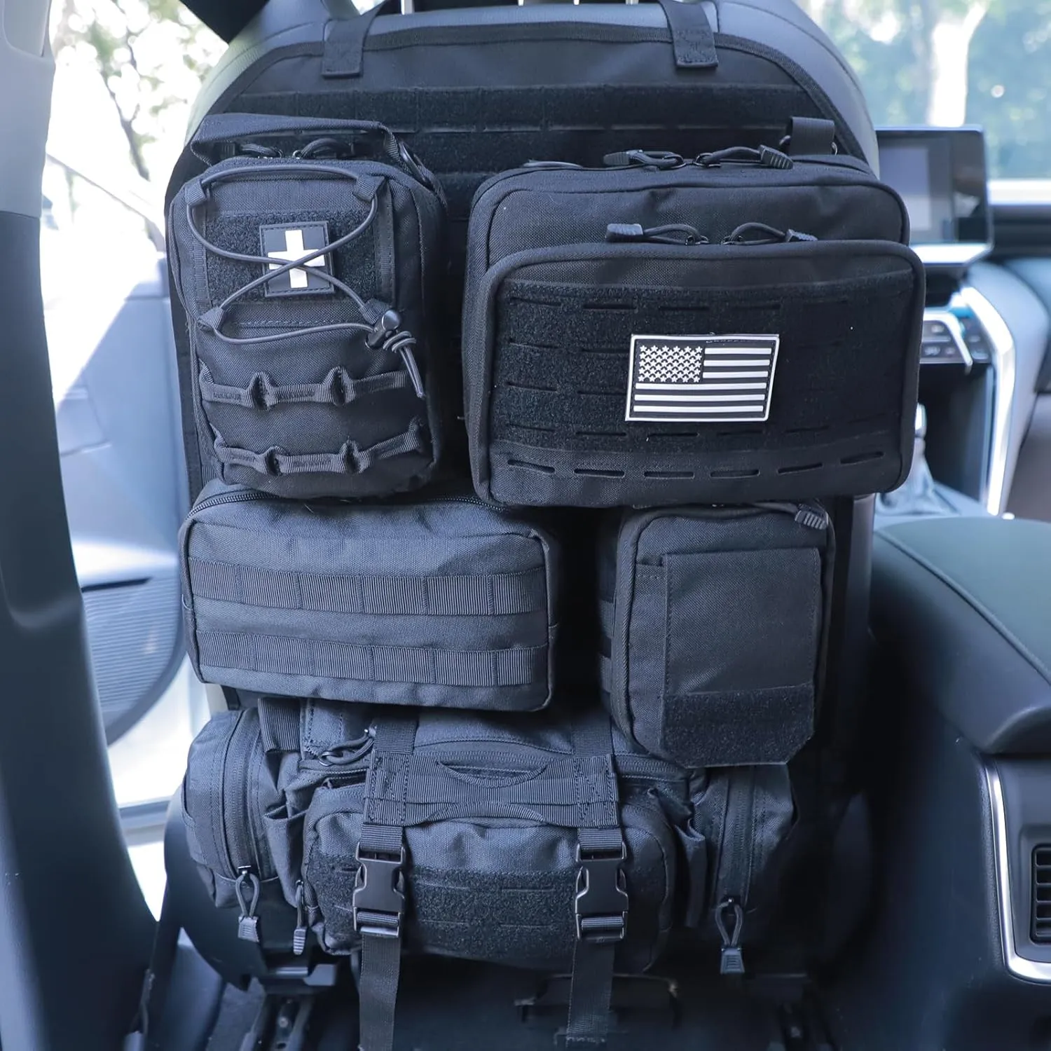 Universal Tactical Car Seat Back Organizer Bag Tactical Molle Vehicle Organizers Panel Vehicle Protector Organizers with 5 Detachable Pouches for Car Truck Ford Jeep (Model C-Black)
