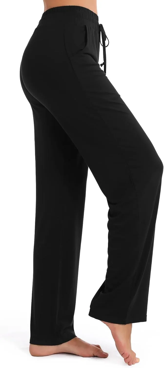 Urban CoCo Women's Straight Leg Long Pants Elastic High Waist Drawstring Casual Trousers with Pockets