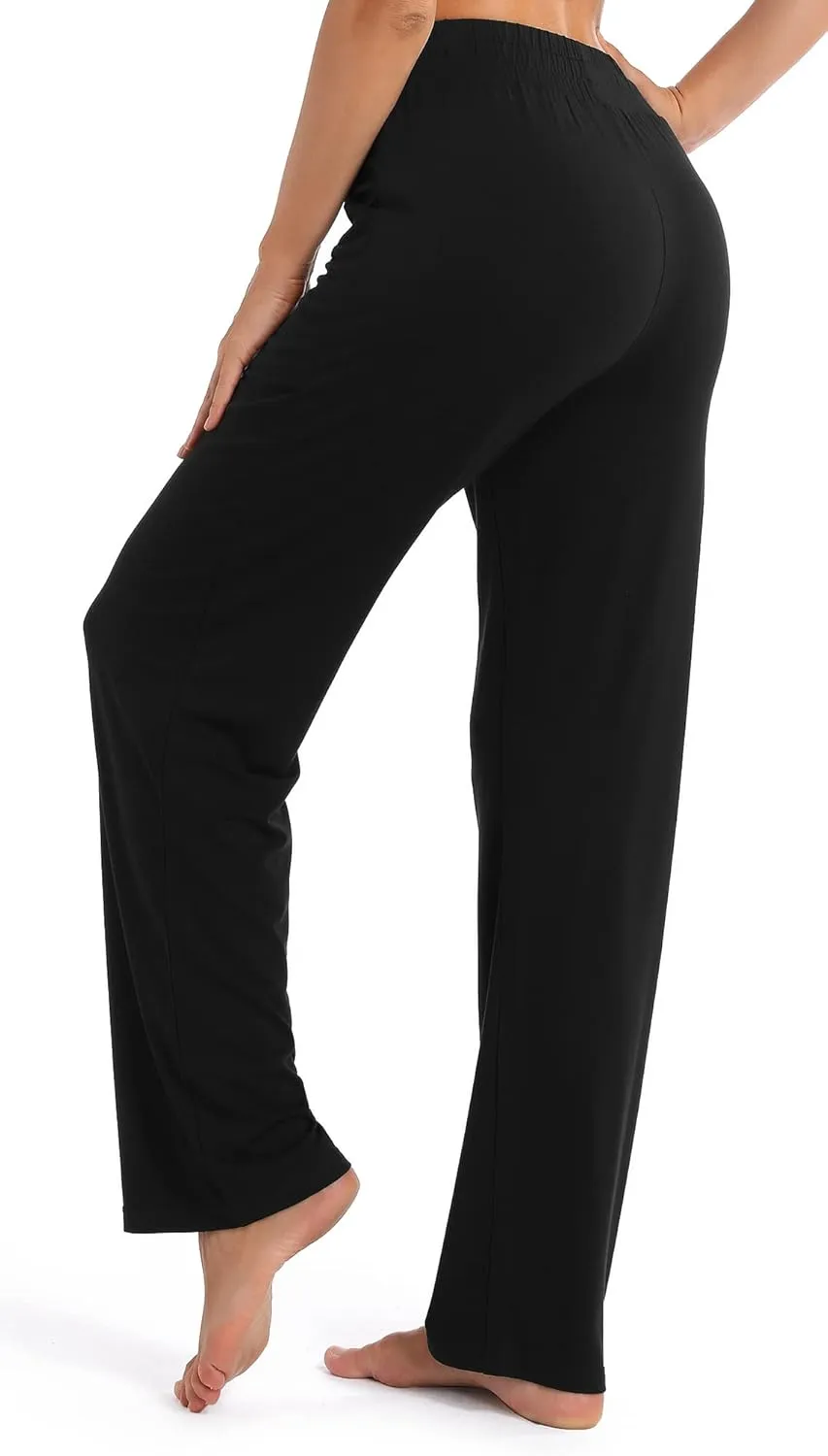 Urban CoCo Women's Straight Leg Long Pants Elastic High Waist Drawstring Casual Trousers with Pockets