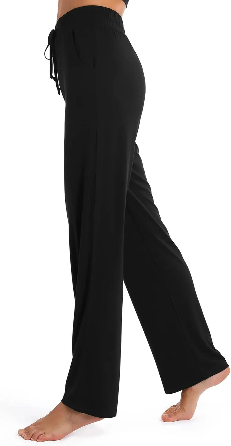 Urban CoCo Women's Straight Leg Long Pants Elastic High Waist Drawstring Casual Trousers with Pockets