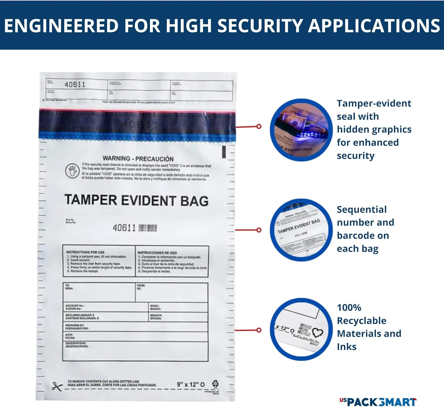 USPACKSMART 10"x13" Opaque Plastic Deposit Bags with Security Tape Tamper Evident - Secure Bank Deposits, Cash Handling, & Currency Transport | Self-Sealing Tape with Hidden Graphics | 100-Pack