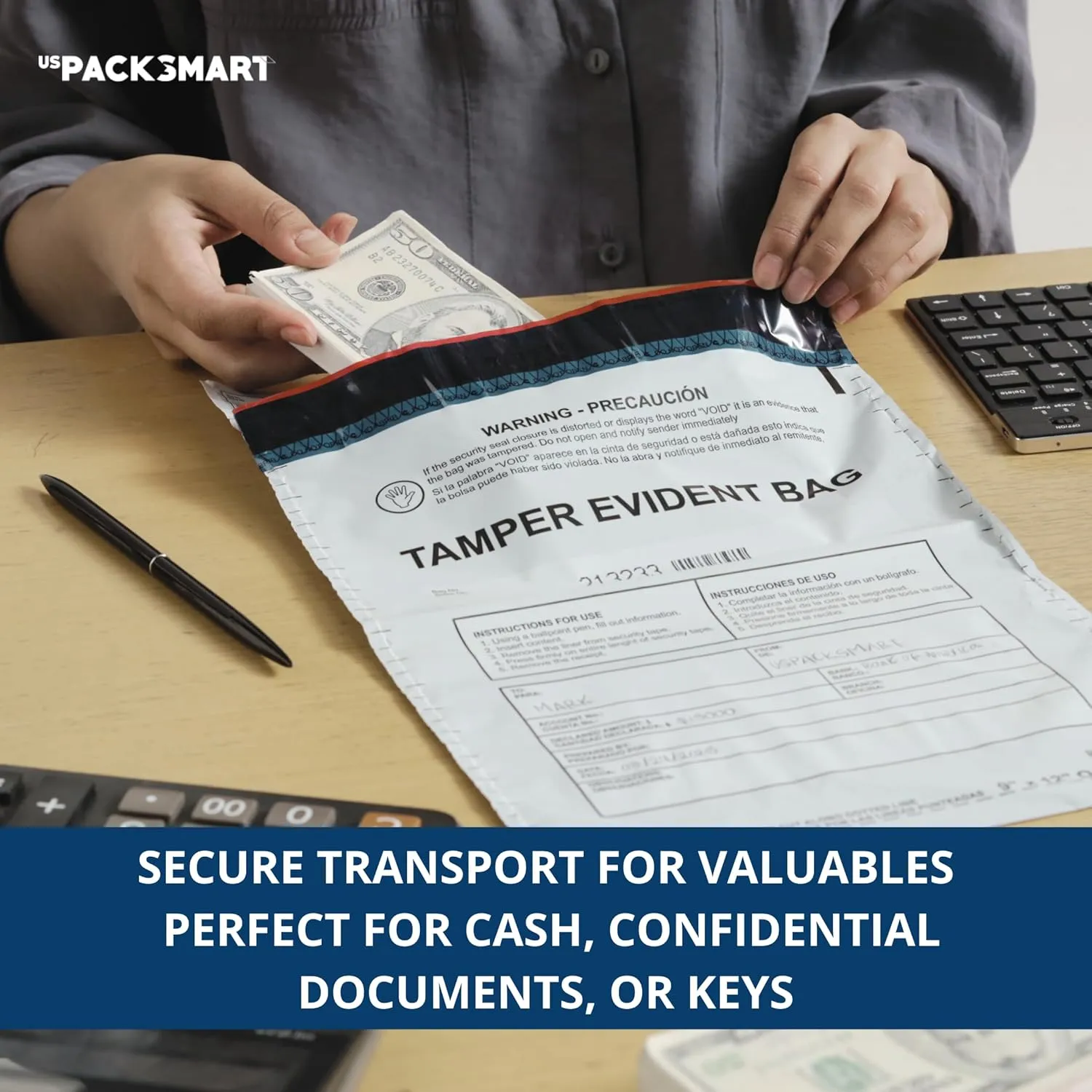 USPACKSMART 10"x13" Opaque Plastic Deposit Bags with Security Tape Tamper Evident - Secure Bank Deposits, Cash Handling, & Currency Transport | Self-Sealing Tape with Hidden Graphics | 100-Pack