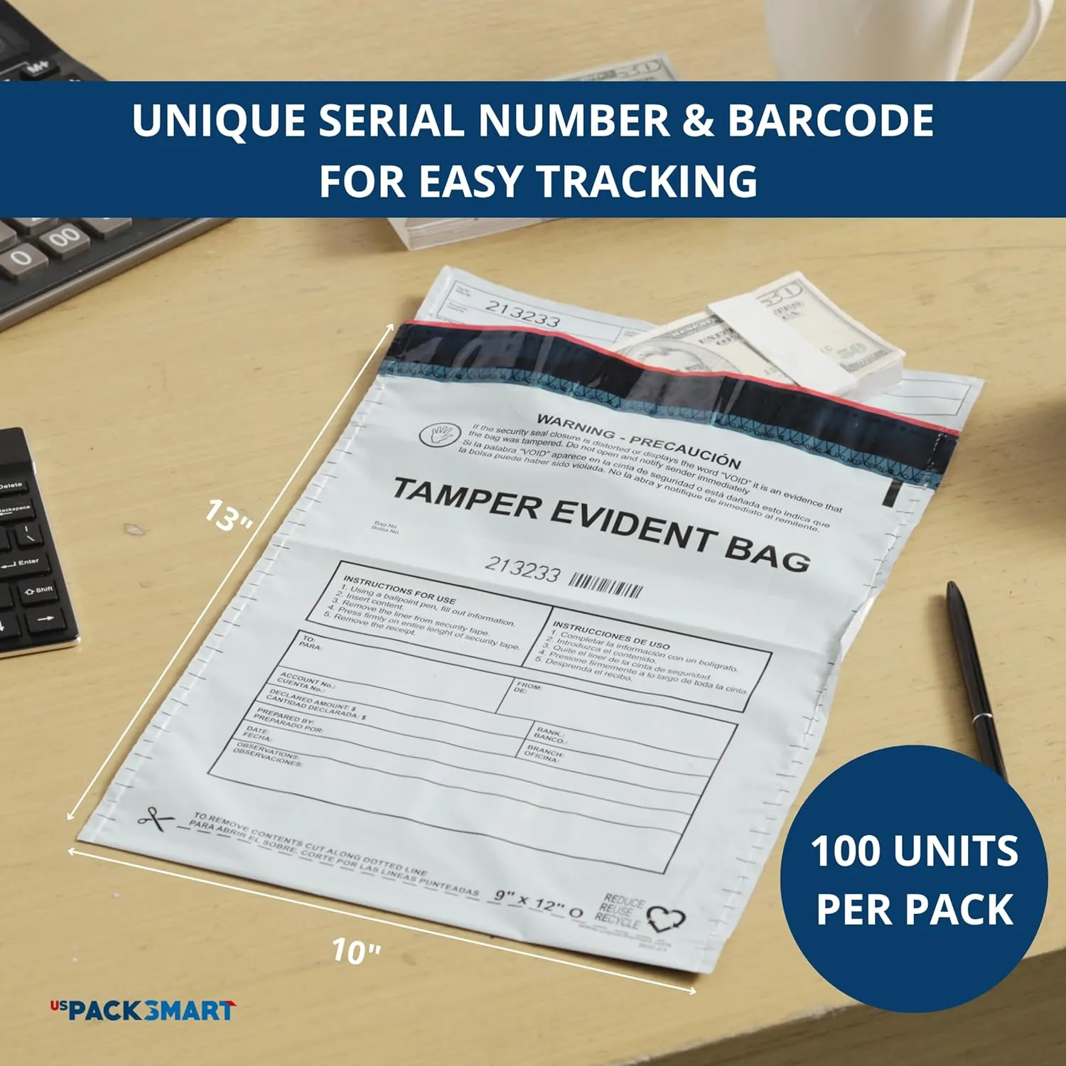 USPACKSMART 10"x13" Opaque Plastic Deposit Bags with Security Tape Tamper Evident - Secure Bank Deposits, Cash Handling, & Currency Transport | Self-Sealing Tape with Hidden Graphics | 100-Pack