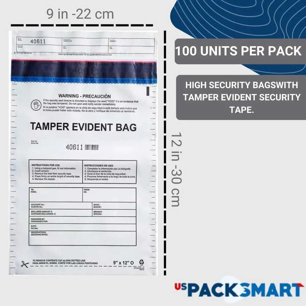 USPACKSMART 9”x12" Clear Plastic Deposit Bags with Security Tape Tamper Evident - Secure Bank Deposits, Cash Handling, & Currency Transport | Self-Sealing Tape with Hidden Graphics | 100-Pack