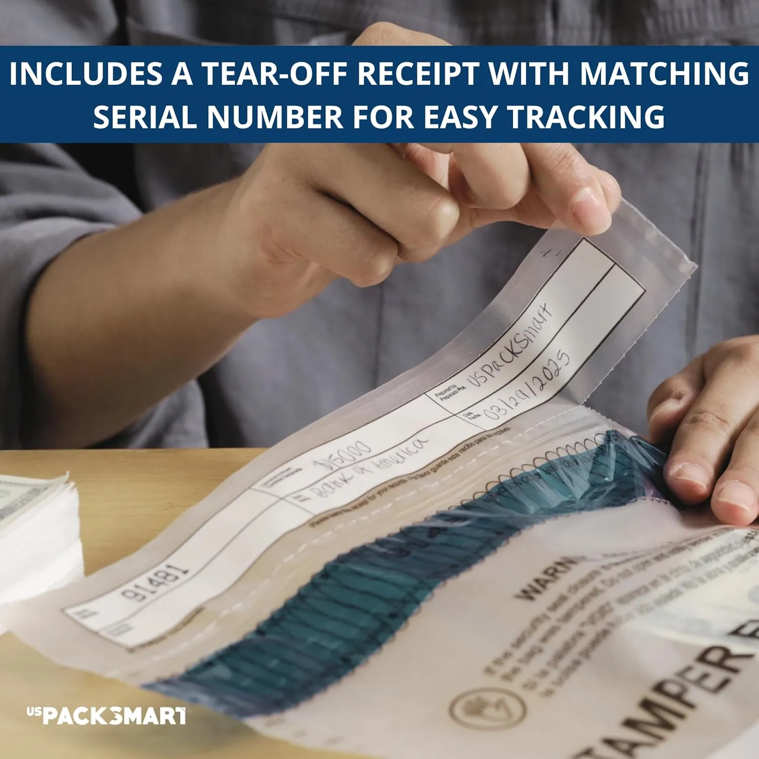 USPACKSMART 9”x12" Clear Plastic Deposit Bags with Security Tape Tamper Evident - Secure Bank Deposits, Cash Handling, & Currency Transport | Self-Sealing Tape with Hidden Graphics | 100-Pack
