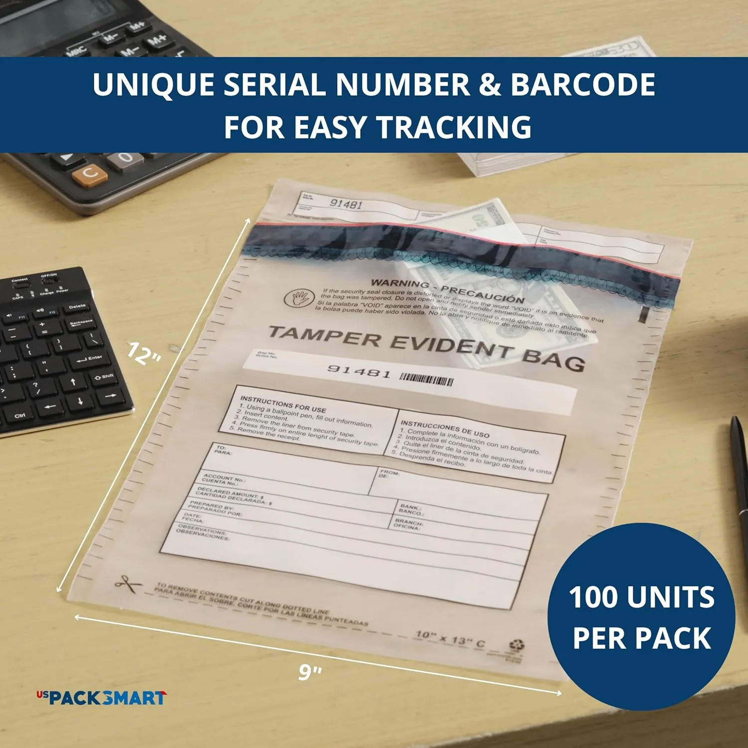 USPACKSMART 9”x12" Clear Plastic Deposit Bags with Security Tape Tamper Evident - Secure Bank Deposits, Cash Handling, & Currency Transport | Self-Sealing Tape with Hidden Graphics | 100-Pack