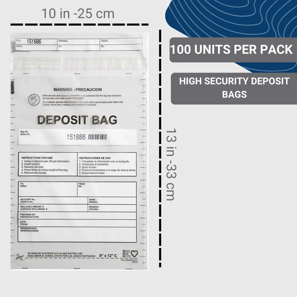 USPACKSMART Clear Plastic Deposit Bags 10"x13" | Secure Bank Deposits, Cash Handling or Safe Currency Transportation | Sequential Barcodes | Tamper-Evident | Tear-Off Receipt for Security | 100-Pack
