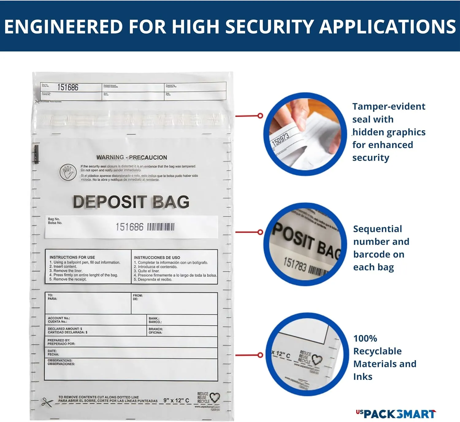 USPACKSMART Clear Plastic Deposit Bags 10"x13" | Secure Bank Deposits, Cash Handling or Safe Currency Transportation | Sequential Barcodes | Tamper-Evident | Tear-Off Receipt for Security | 100-Pack