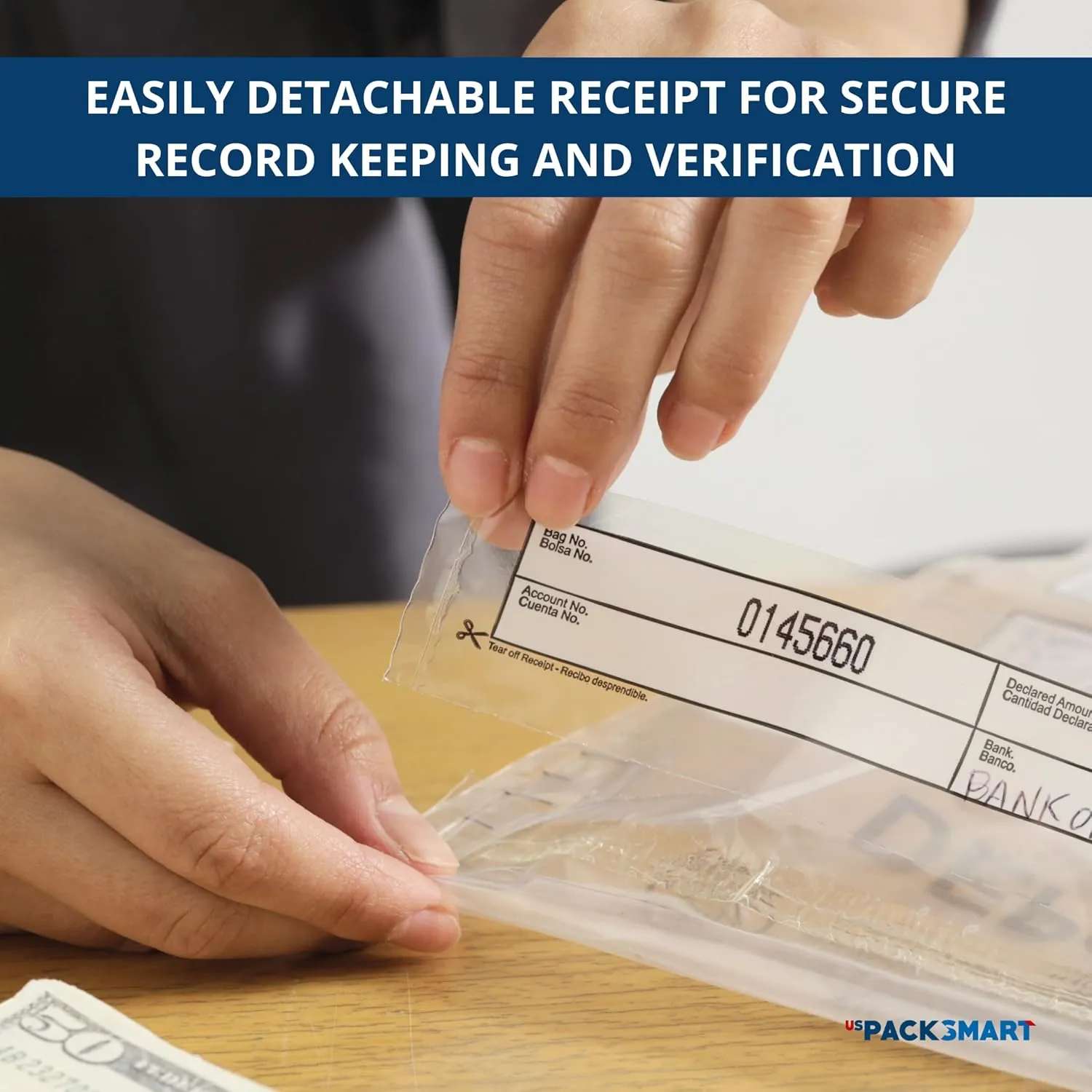 USPACKSMART Clear Plastic Deposit Bags 10"x13" | Secure Bank Deposits, Cash Handling or Safe Currency Transportation | Sequential Barcodes | Tamper-Evident | Tear-Off Receipt for Security | 100-Pack
