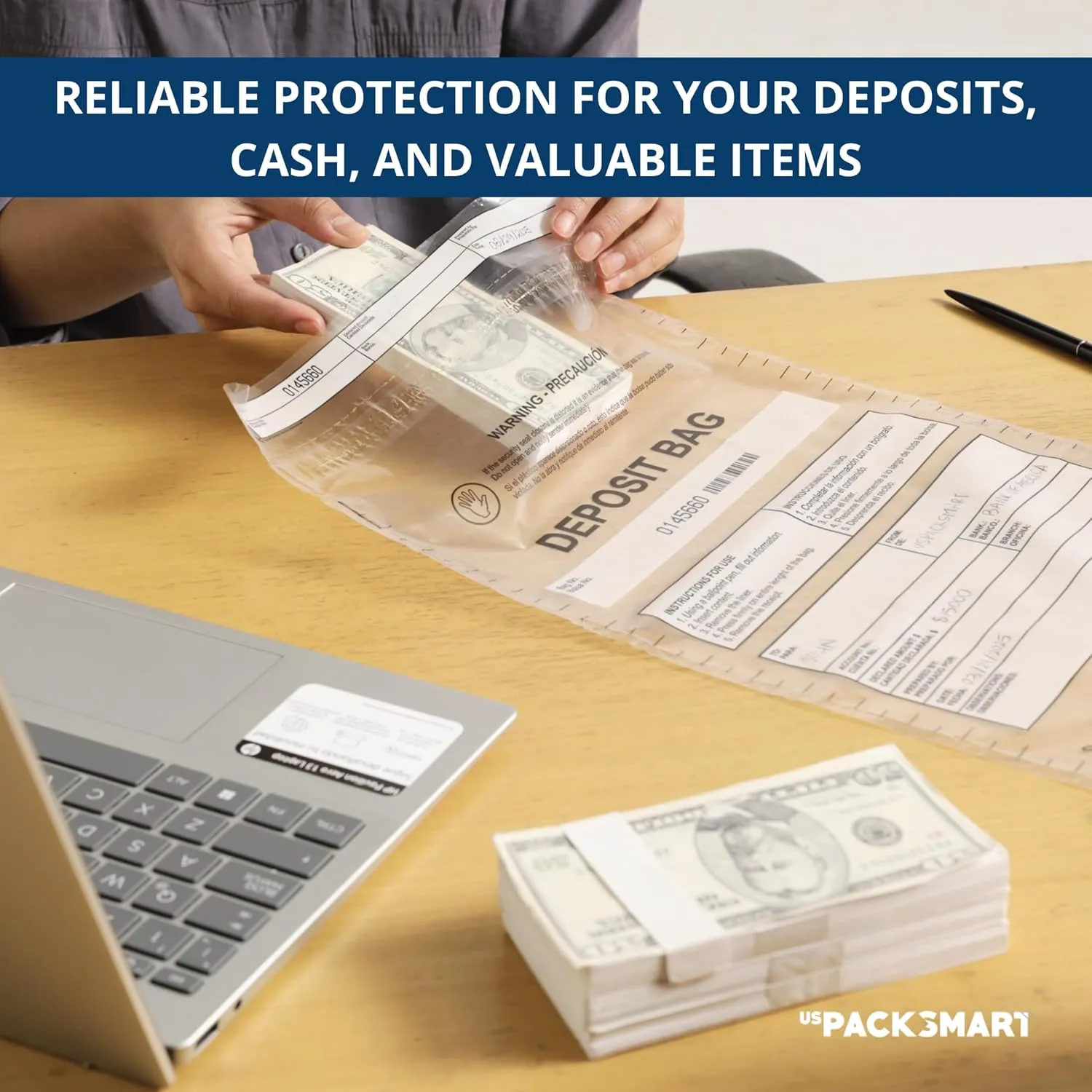 USPACKSMART Clear Plastic Deposit Bags 10"x13" | Secure Bank Deposits, Cash Handling or Safe Currency Transportation | Sequential Barcodes | Tamper-Evident | Tear-Off Receipt for Security | 100-Pack