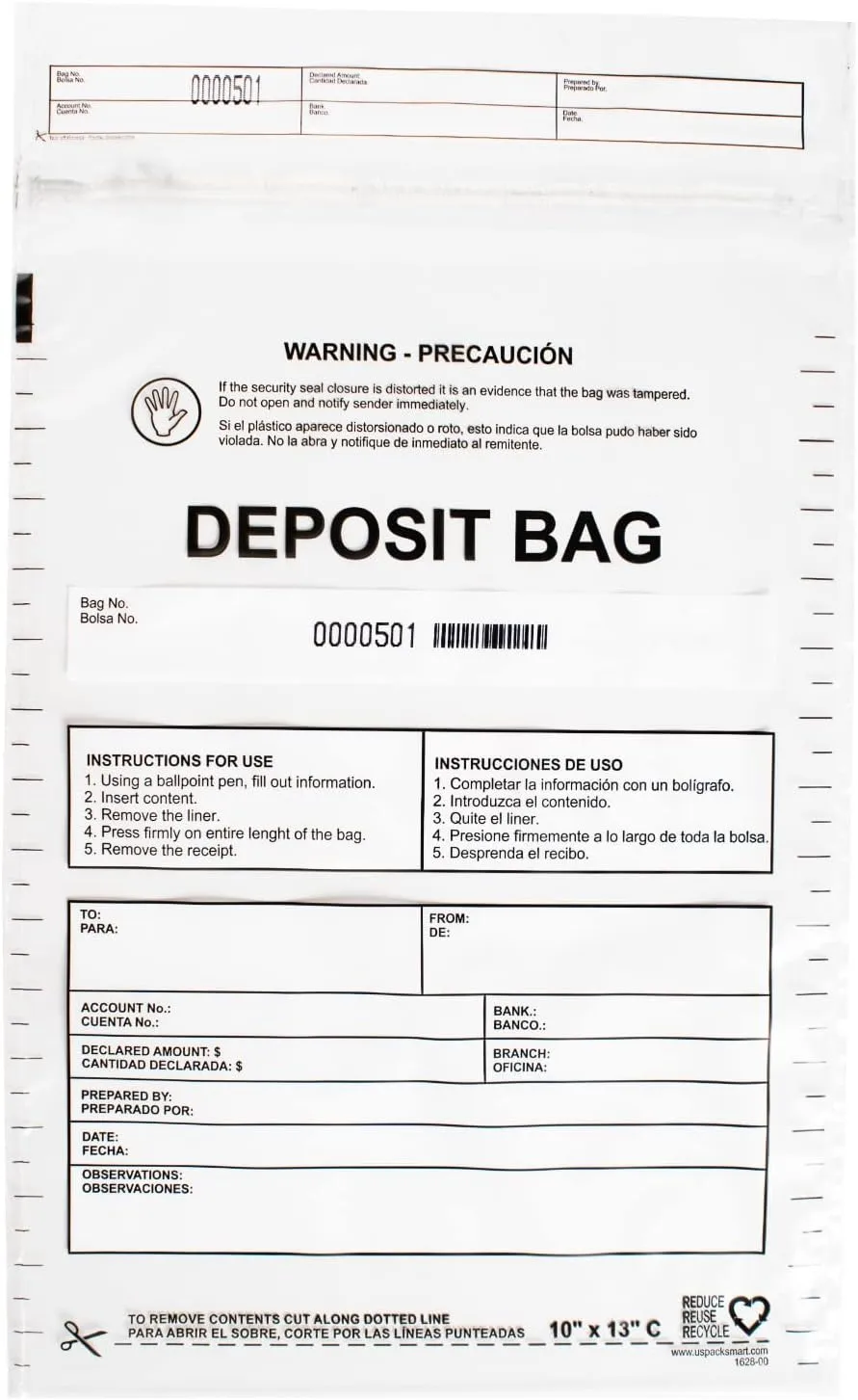 USPACKSMART Clear Plastic Deposit Bags 10"x13" | Secure Bank Deposits, Cash Handling or Safe Currency Transportation | Sequential Barcodes | Tamper-Evident | Tear-Off Receipt for Security | 100-Pack