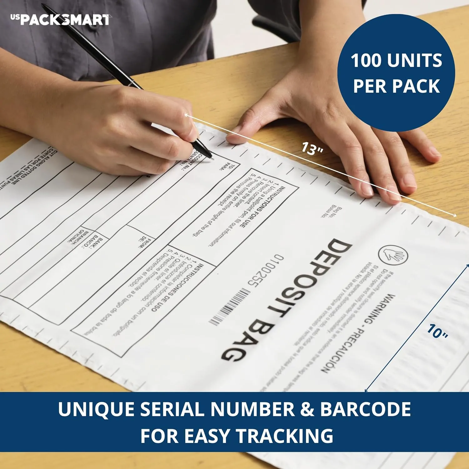 USPACKSMART Opaque Plastic Deposit Bags 10"x13" | Secure Bank Deposits, Cash Handling or Safe Currency Transportation | Sequential Barcodes | Tamper-Evident | Tear-Off Receipt for Security | 100-Pack