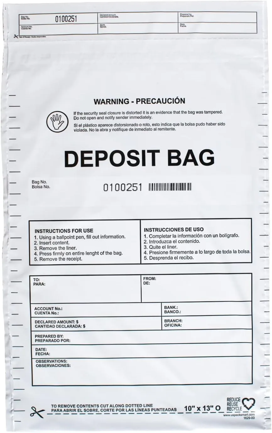USPACKSMART Opaque Plastic Deposit Bags 10"x13" | Secure Bank Deposits, Cash Handling or Safe Currency Transportation | Sequential Barcodes | Tamper-Evident | Tear-Off Receipt for Security | 100-Pack