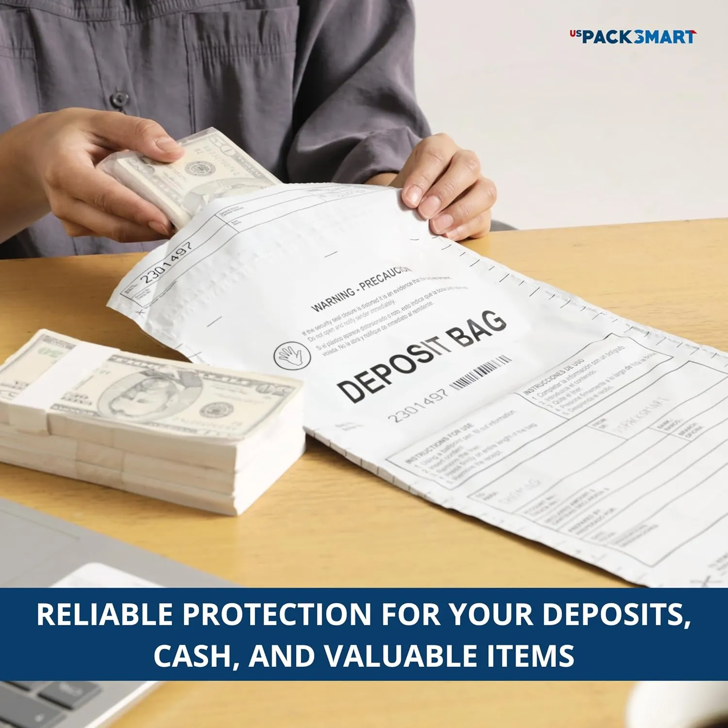USPACKSMART Opaque Plastic Deposit Bags 10"x13" | Secure Bank Deposits, Cash Handling or Safe Currency Transportation | Sequential Barcodes | Tamper-Evident | Tear-Off Receipt for Security | 100-Pack