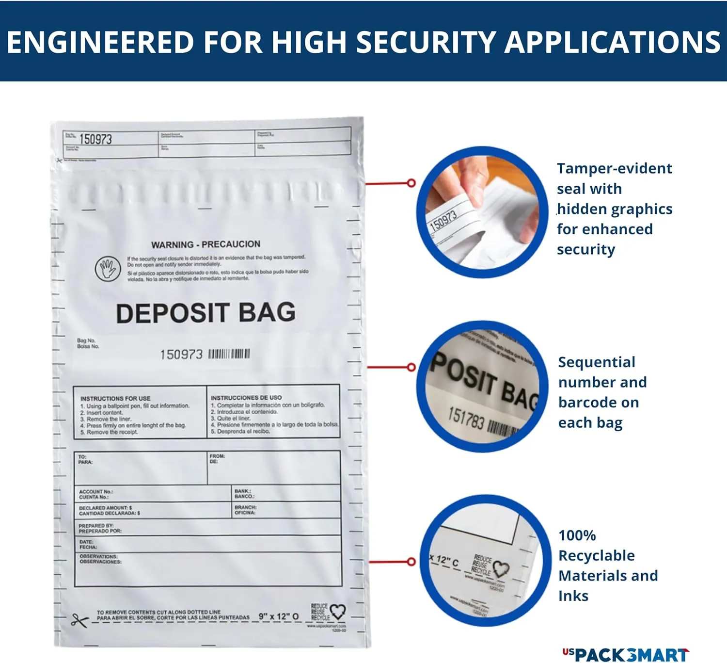 USPACKSMART Opaque Plastic Deposit Bags 10"x13" | Secure Bank Deposits, Cash Handling or Safe Currency Transportation | Sequential Barcodes | Tamper-Evident | Tear-Off Receipt for Security | 100-Pack