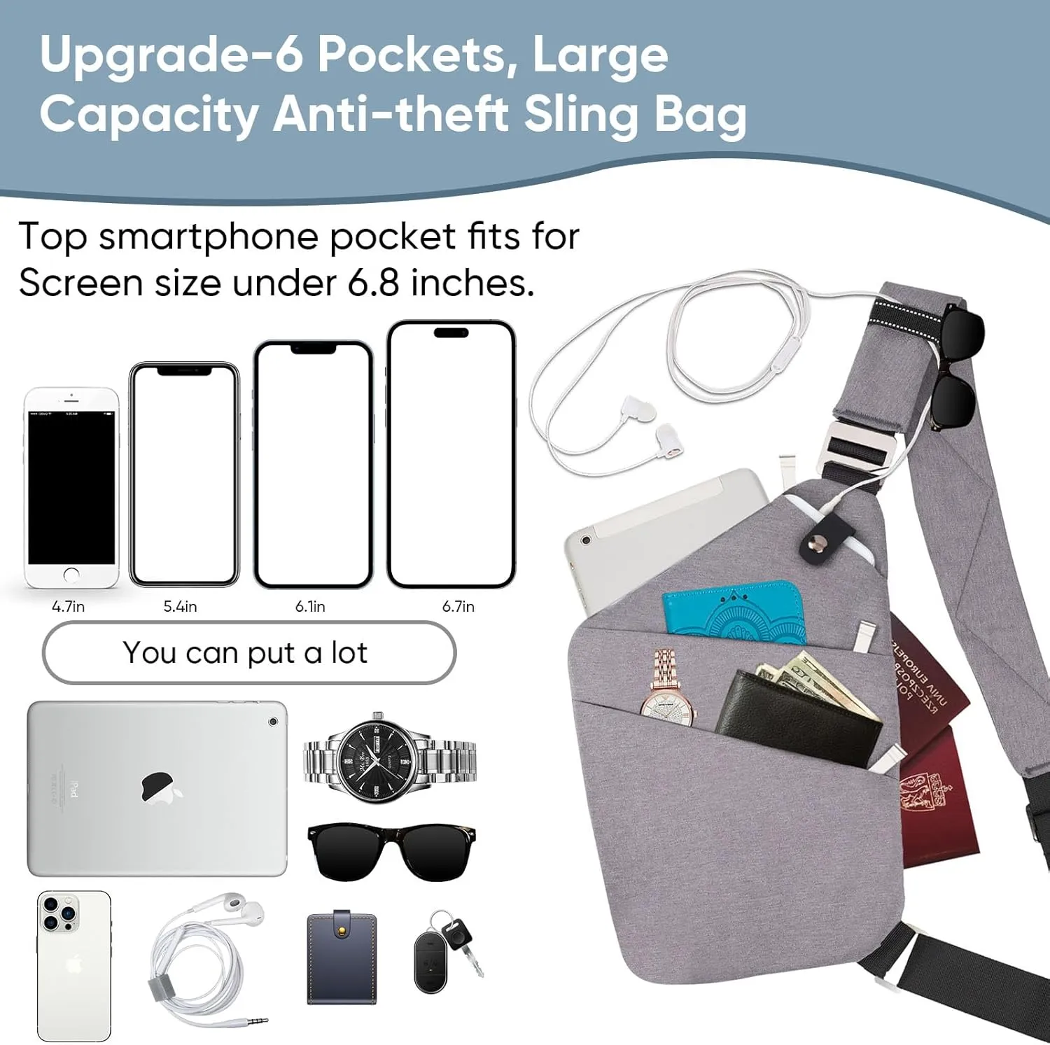 VADOO Anti-theft Crossbody Bags for Women, Shoulder Sling Bag for Men Lightweight Chest Bag for Travel Sport