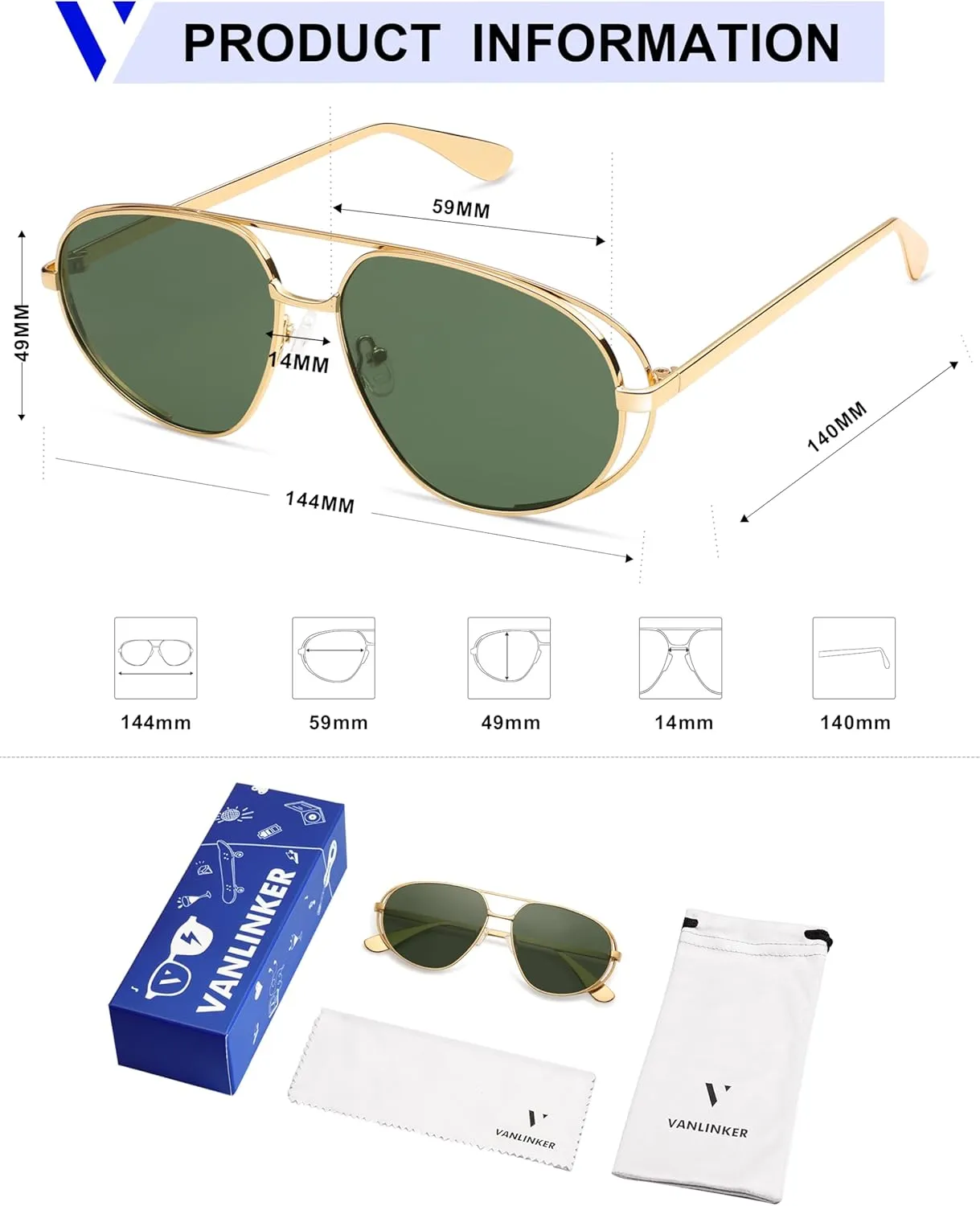 VANLINKER Retro Polarized Aviator Sunglasses for Women Men Classic Trendy Driving Sunglasses Designer Metal Frame VL9837