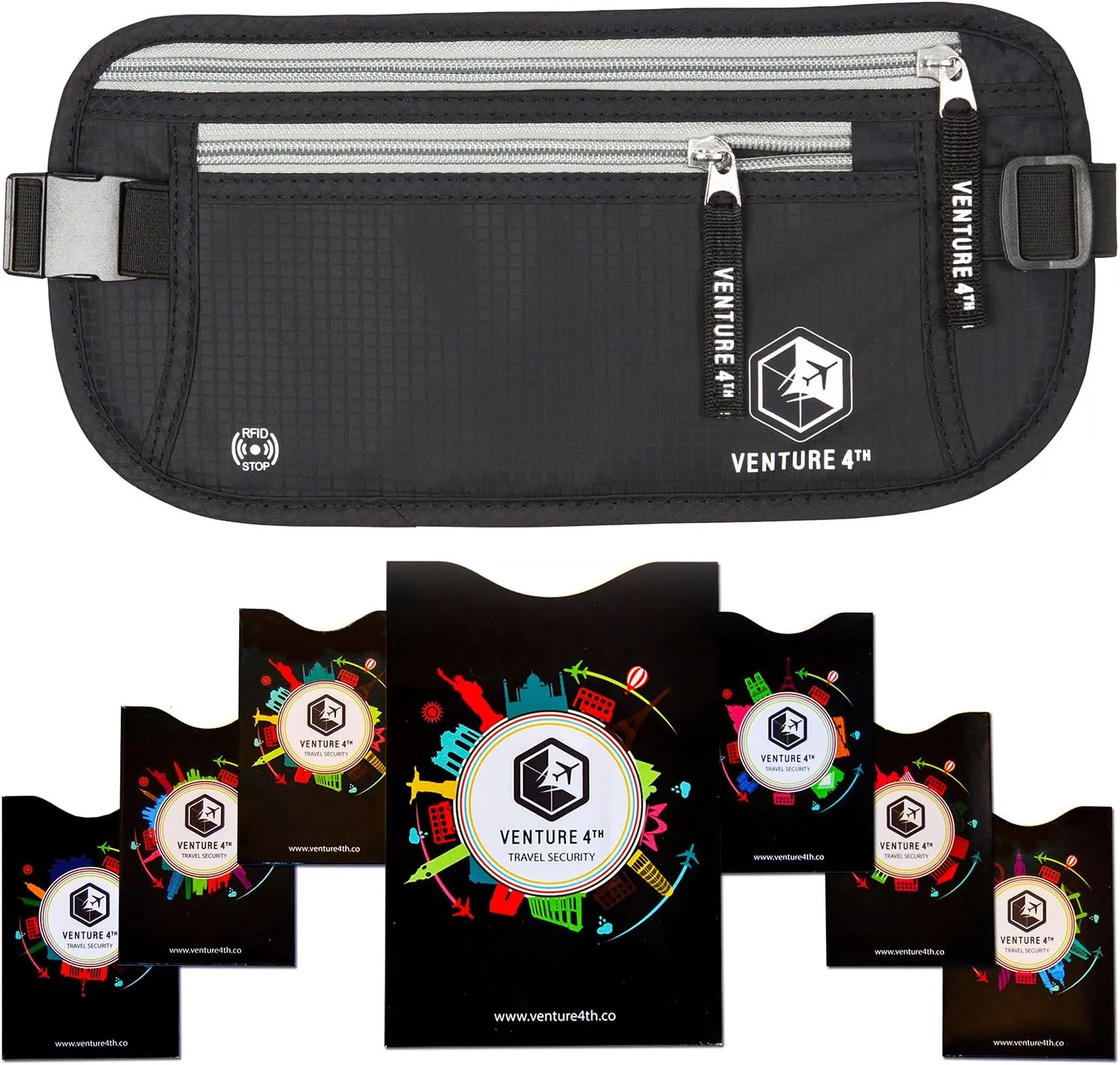 VENTURE 4TH Slim Minimalist Design RFID Money Belt with RFID Blocking Sleeves, for Men and Women – Ideal for Keeping Your Cash, Credit Card, Passport, Phone Secure When Traveling - Black