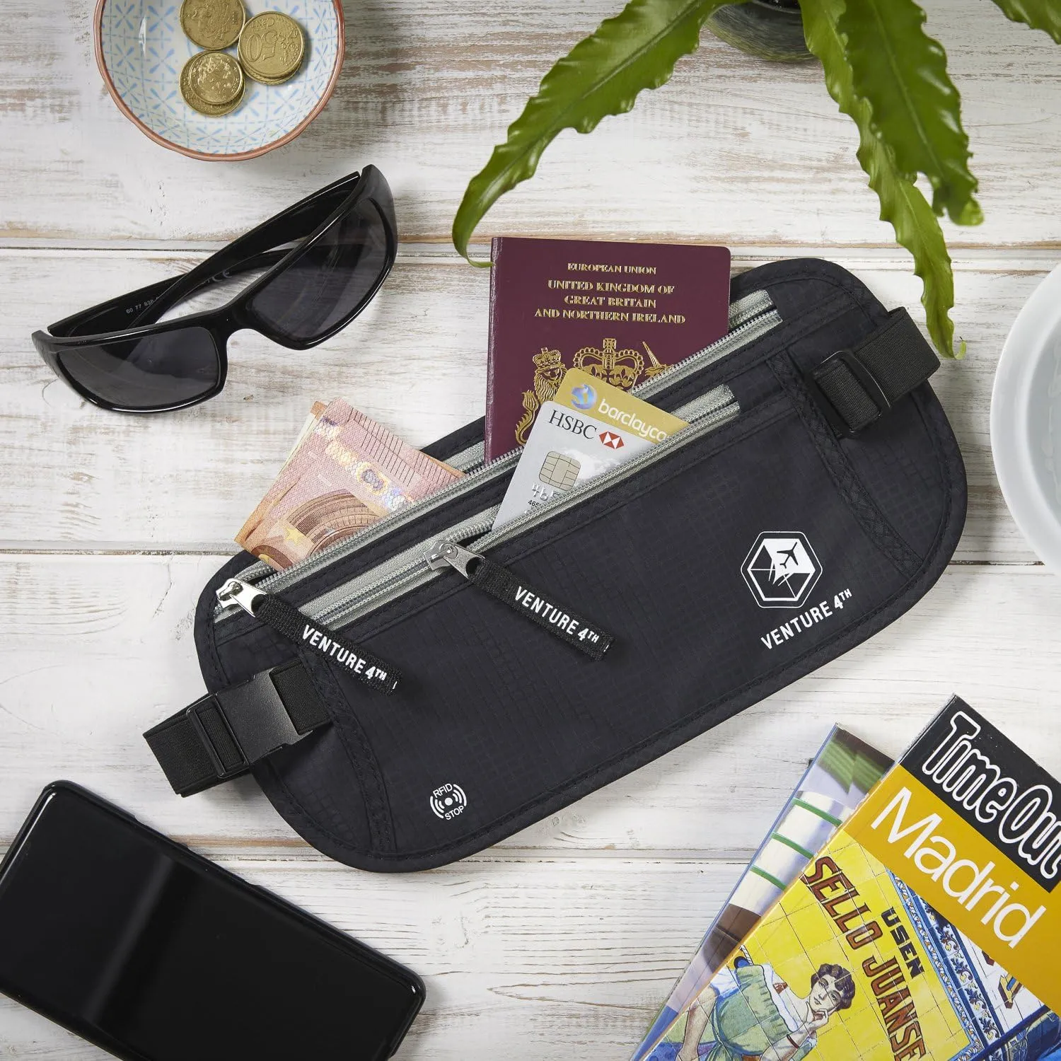 VENTURE 4TH Slim Minimalist Design RFID Money Belt with RFID Blocking Sleeves, for Men and Women – Ideal for Keeping Your Cash, Credit Card, Passport, Phone Secure When Traveling - Black
