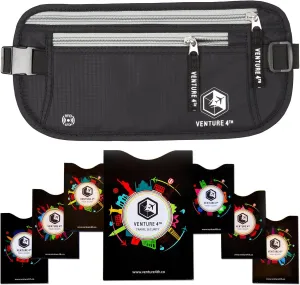 VENTURE 4TH Slim Minimalist Design RFID Money Belt with RFID Blocking Sleeves, for Men and Women – Ideal for Keeping Your Cash, Credit Card, Passport, Phone Secure When Traveling - Black