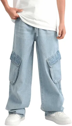 Verdusa Boy's Baggy Straight Leg Denim Pants Loose Vintage Cargo Jeans with Pockets