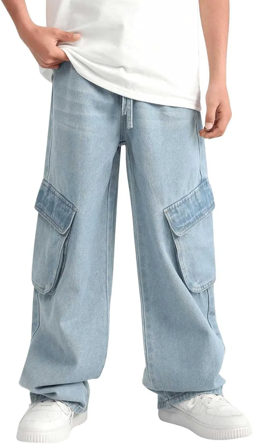Verdusa Boy's Baggy Straight Leg Denim Pants Loose Vintage Cargo Jeans with Pockets