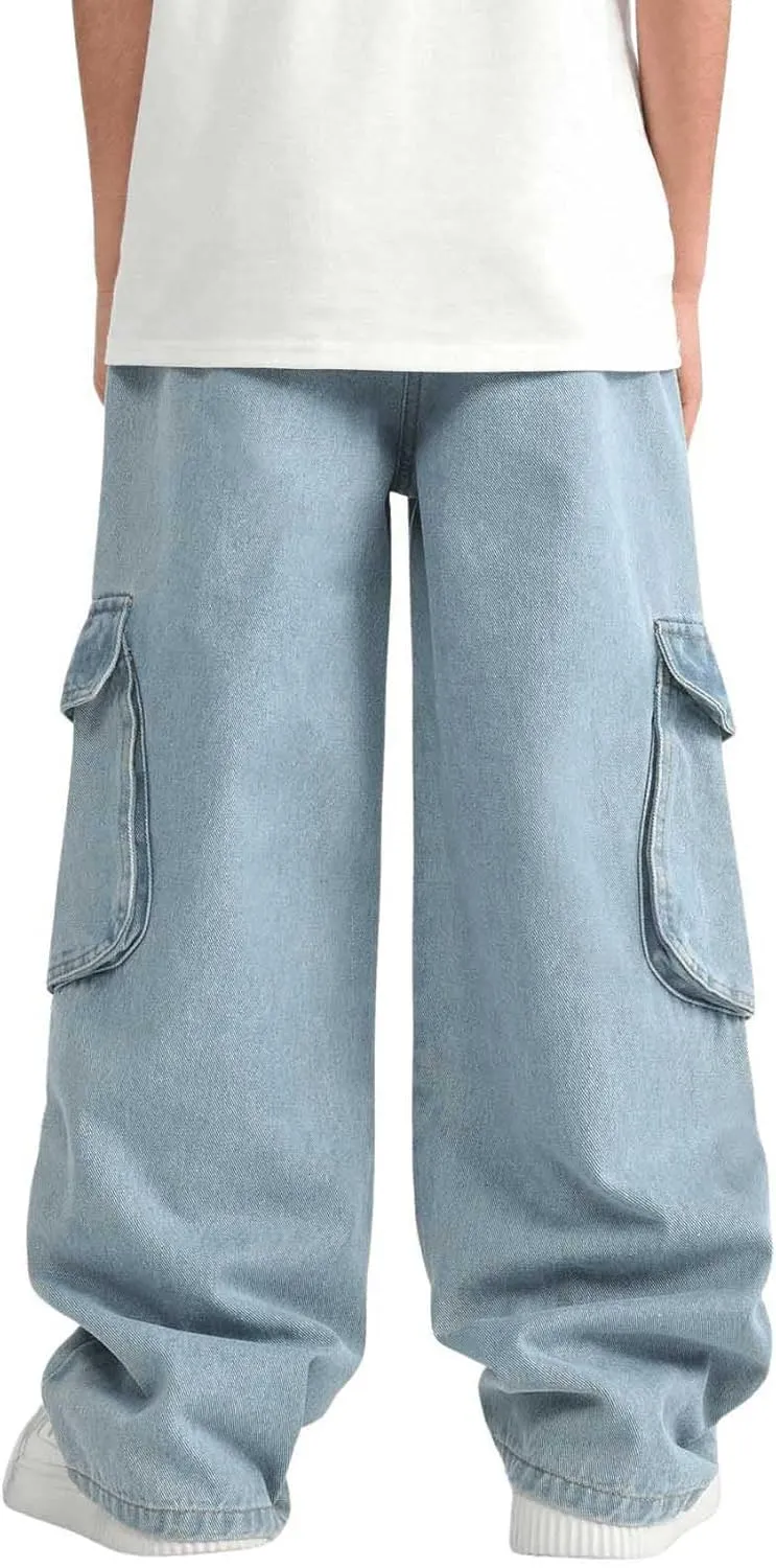Verdusa Boy's Baggy Straight Leg Denim Pants Loose Vintage Cargo Jeans with Pockets