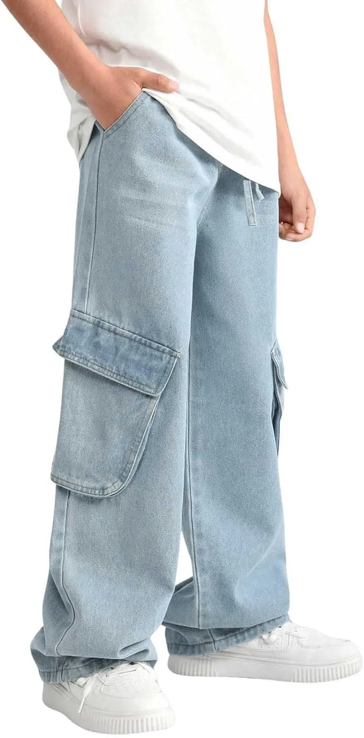Verdusa Boy's Baggy Straight Leg Denim Pants Loose Vintage Cargo Jeans with Pockets