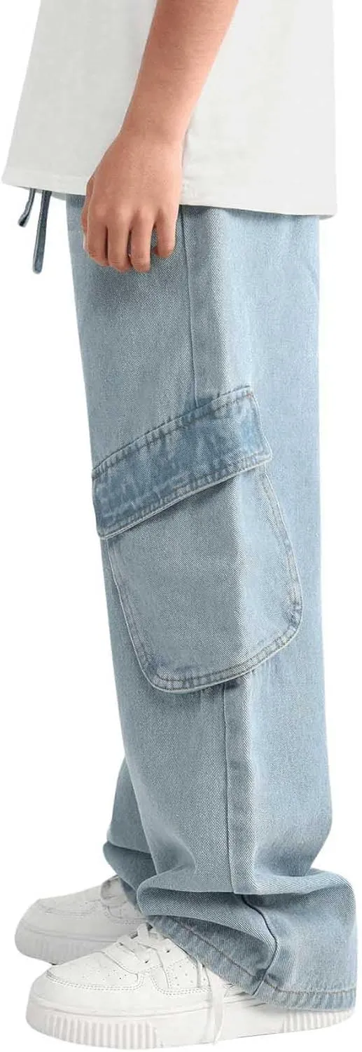 Verdusa Boy's Baggy Straight Leg Denim Pants Loose Vintage Cargo Jeans with Pockets