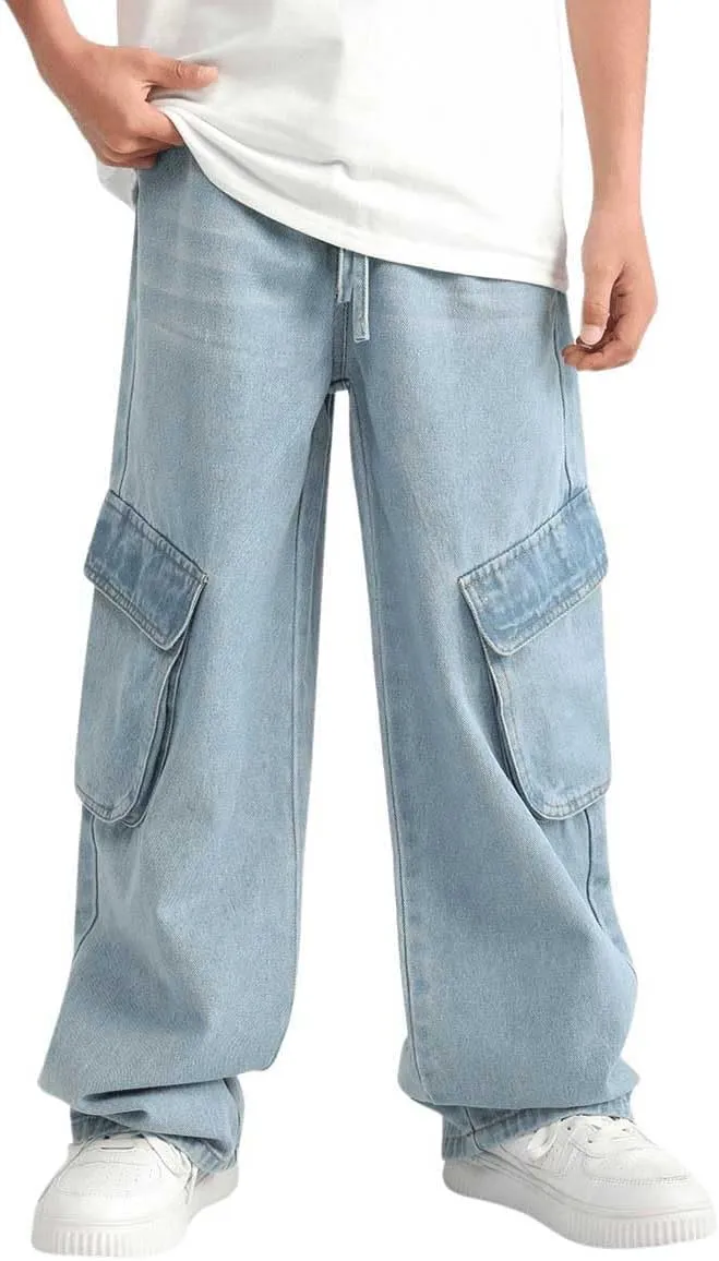 Verdusa Boy's Baggy Straight Leg Denim Pants Loose Vintage Cargo Jeans with Pockets