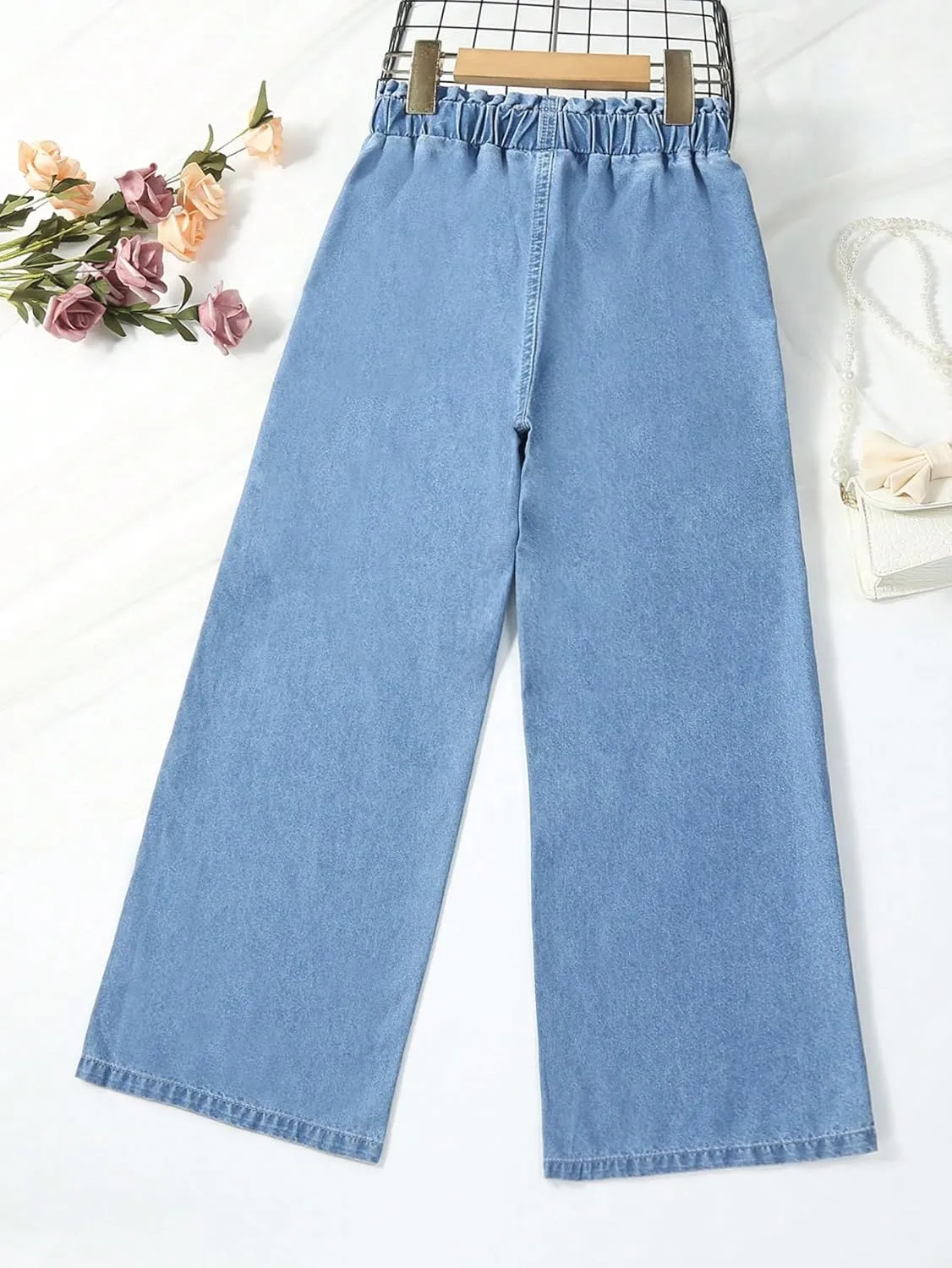 Verdusa Girl's Paperbag Elastic Waist Wide Leg Denim Pants Loose Jeans