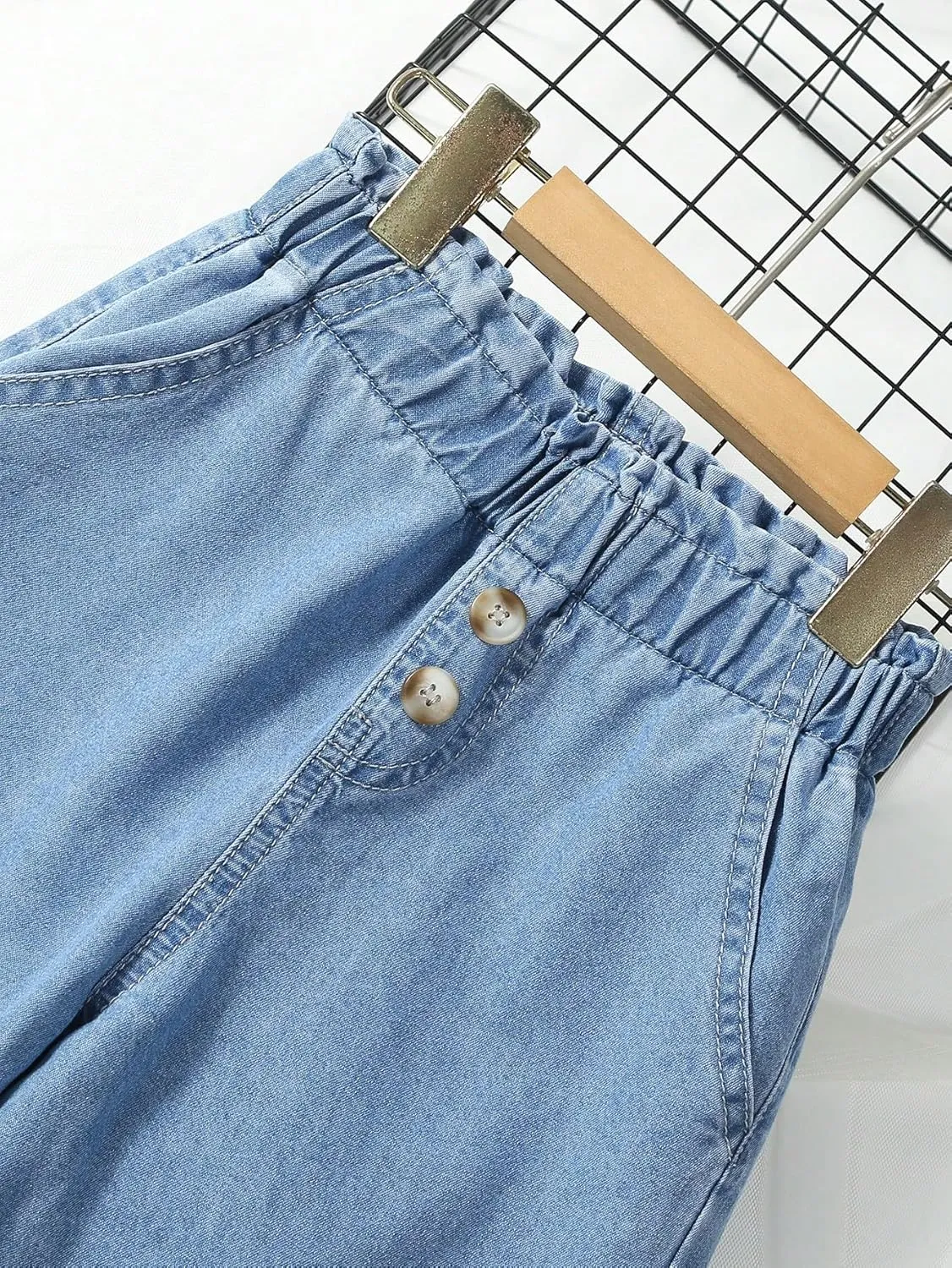 Verdusa Girl's Paperbag Elastic Waist Wide Leg Denim Pants Loose Jeans