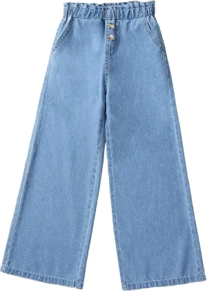Verdusa Girl's Paperbag Elastic Waist Wide Leg Denim Pants Loose Jeans
