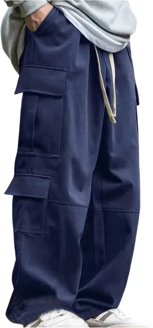 Verdusa Men's Baggy Cargo Pants Drawstring Elastic Waist Flap Pockets Loose Pants