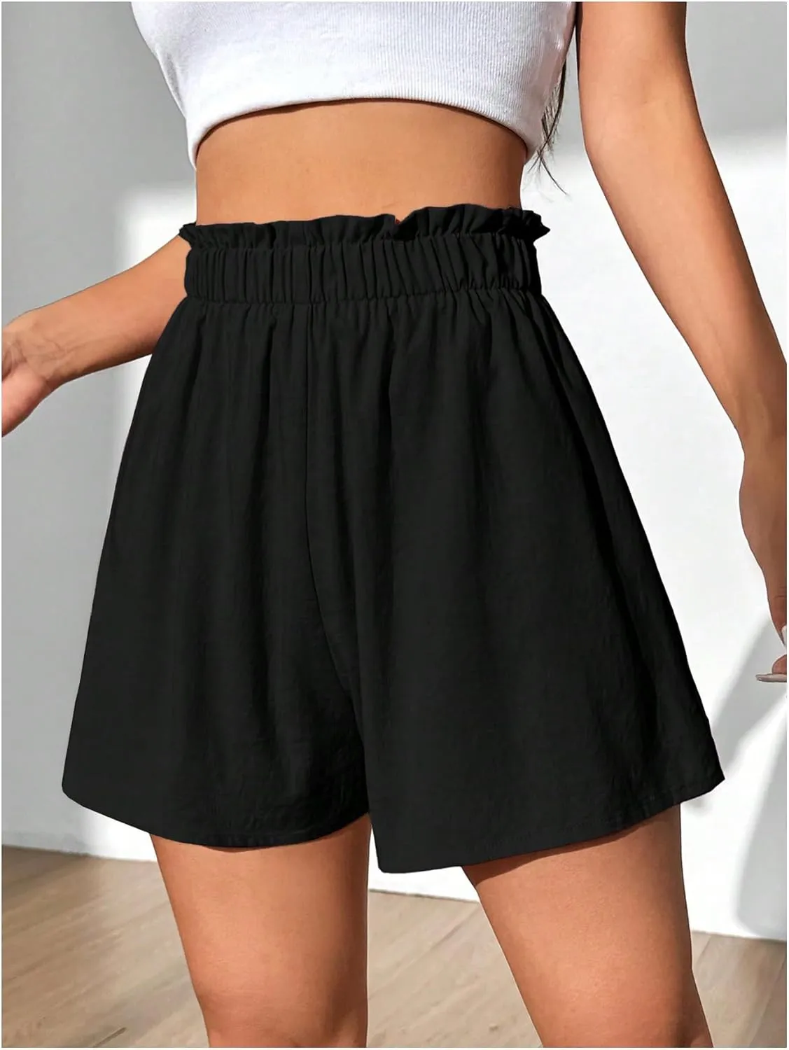 Verdusa Women's Ruffle Hem Solid Loose Shorts Elastic Waist Causal Shorts