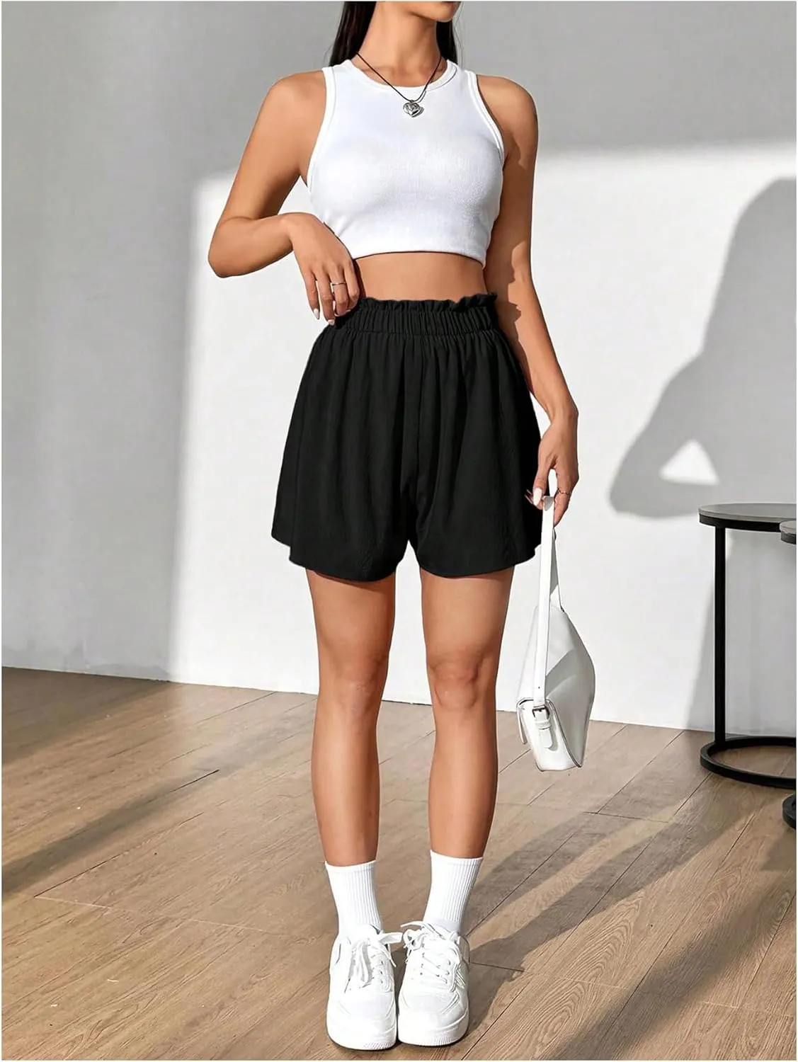 Verdusa Women's Ruffle Hem Solid Loose Shorts Elastic Waist Causal Shorts