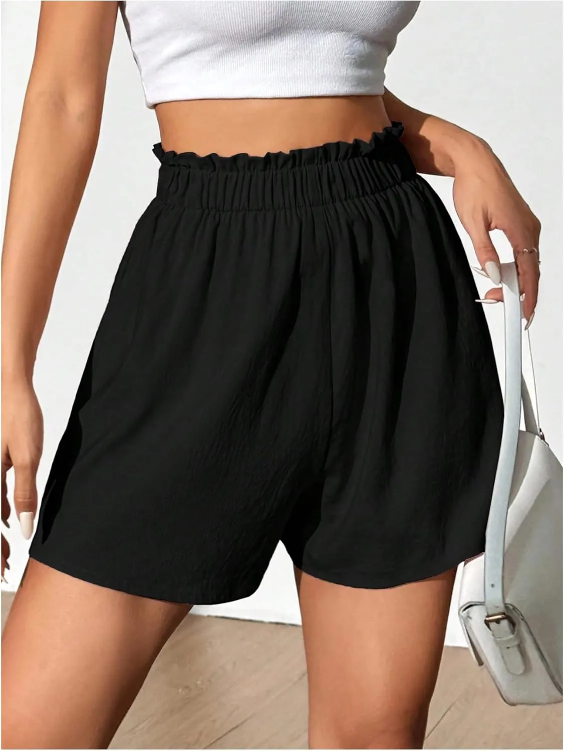 Verdusa Women's Ruffle Hem Solid Loose Shorts Elastic Waist Causal Shorts