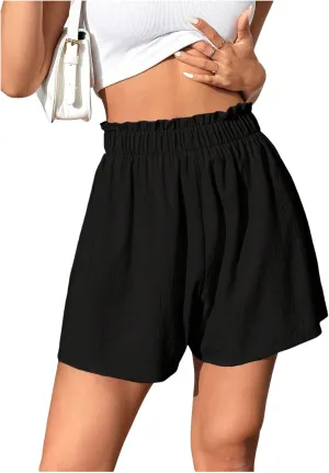 Verdusa Women's Ruffle Hem Solid Loose Shorts Elastic Waist Causal Shorts