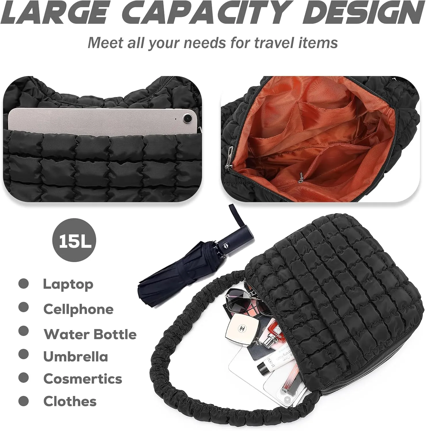 VH&GRED Puffer Quilted Carryall Bag Large Padding Tote Lightweight Crossbody Purse Casual Hobo Handbag for Women