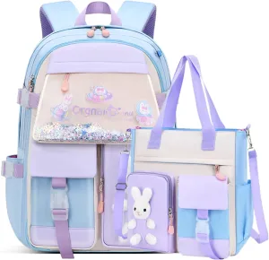 VIDOSCLA Bunny Backpack for Girls Cute Sequin Kids Backpack with Tuition Tote Bag