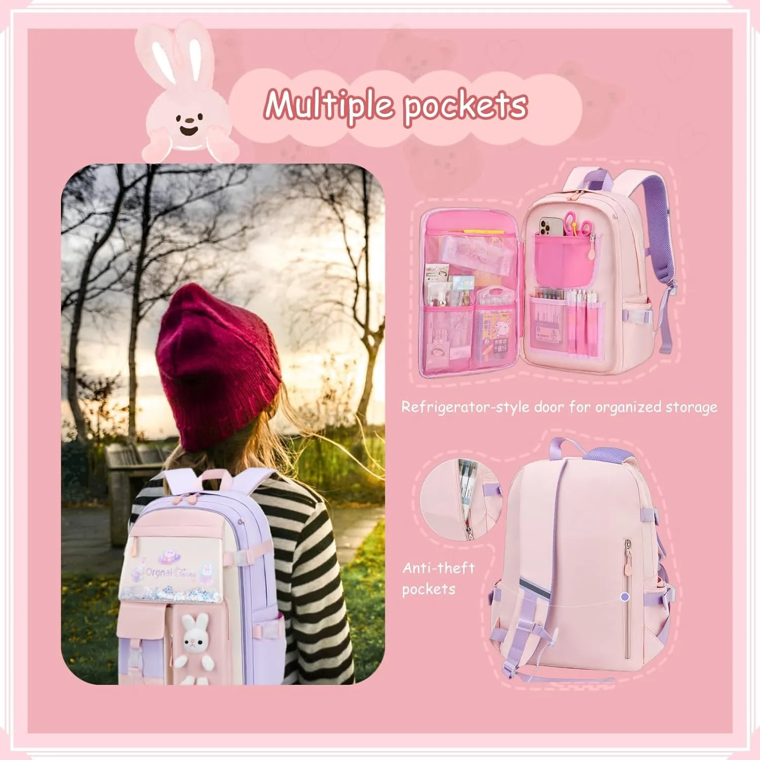 VIDOSCLA Bunny Backpack for Girls Cute Sequin Kids Backpack with Tuition Tote Bag