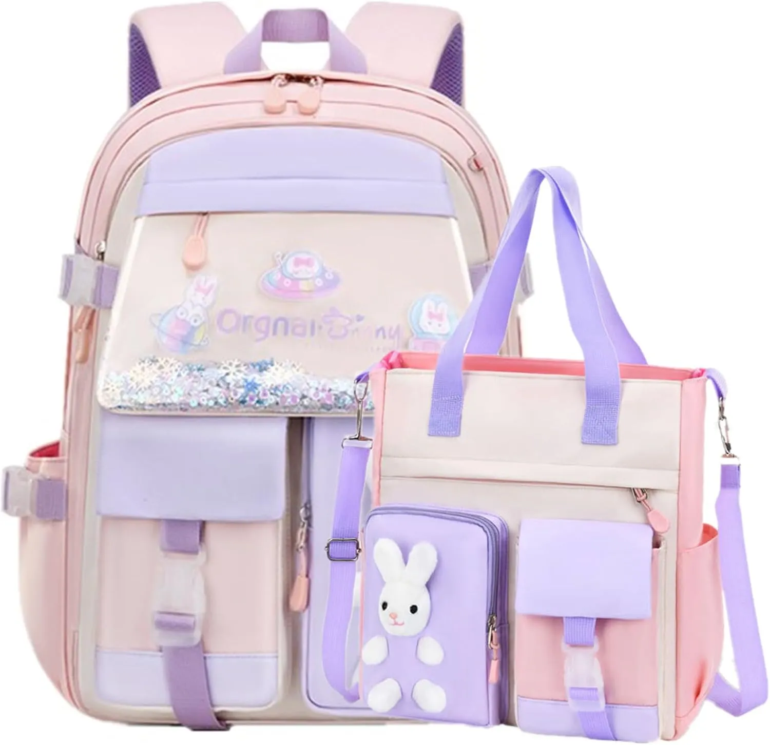 VIDOSCLA Bunny Backpack for Girls Cute Sequin Kids Backpack with Tuition Tote Bag