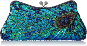 Vintage Beaded Sequin Peacock Clutch Purse Evening Bags (Blue)