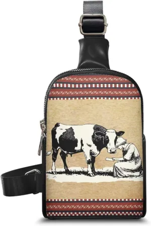 Vintage Farm Girl Print Sling Belt Bag for Women, Farmland Milk Cow Printed Zipper Mini Everywhere Crossbody Sling Phone Purse, Khaki PU Leather Fanny Pack for Travel